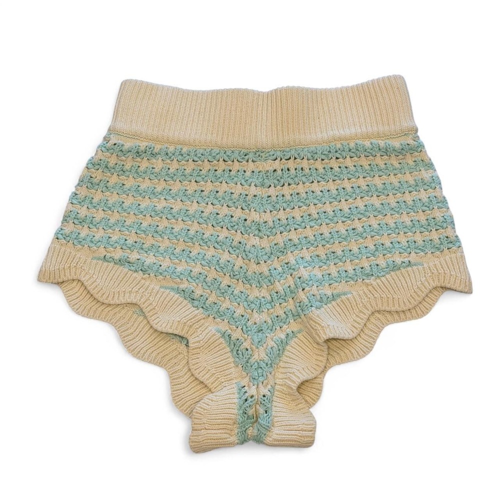For Love & Lemons Cream and Teal Knit Micro Shorts